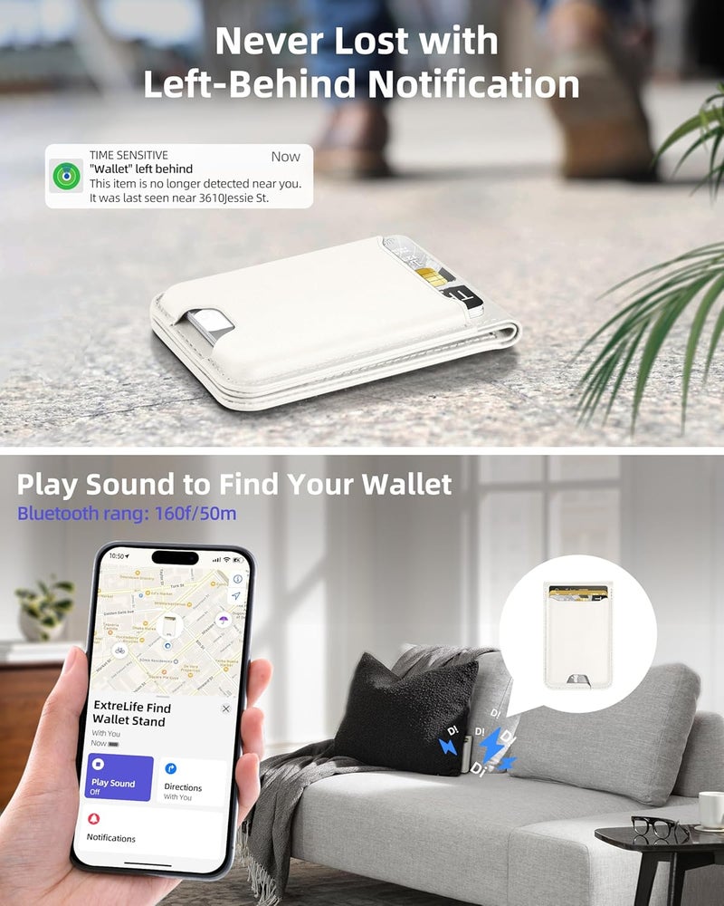 ExtreLife for Magsafe Wallet, Works with Apple Find My, Strongest Magnetic Wallet for iPhone 17/16/15/14/13/12 Series, Magnetic Card Holder with Adjustable Stand, 6 Cards Holder, Vegan Leather, White - Image 3